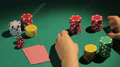 Experienced poker player goes all-in, betting all chips, gambler bluffing to win