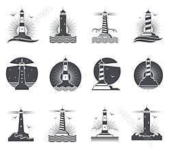 Lighthouse vector marine vintage labels. Lighthouses and ocean waves retro nautical logos set