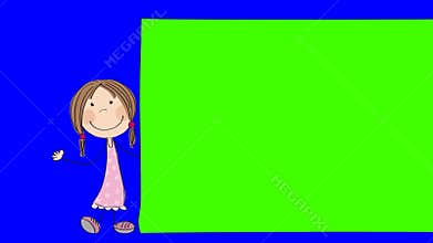 Animation of a happy little girl standing behind blank banner / board and waving, animated hand drawn cartoon character, loop able