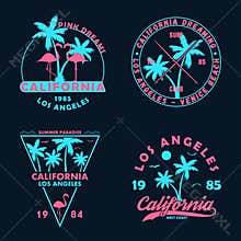 Vintage t-shirt design. Badges and emblems set with California prints. Graphics collection for apparel, labels and patches.