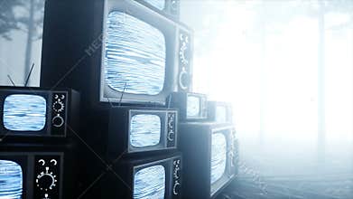 Old antique TV in fog night forest. Fear and horror. Mistic concept. Broadcast. Realistic 4K animation.