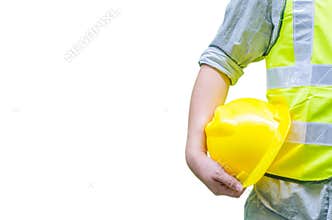 Construction worker holding hard hat with white background
