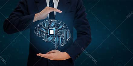 AI Hand Business people press the phone. Brain Graphic Binary Blue Technology