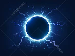 Spectacular thunder and lightning surround blue electric ball. Power energy sphere surrounded electrical lightnings