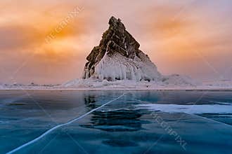 Rock on freeze water lake, Baikal Russia winter season