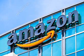 Amazon logo on the facade of one of their office buildings