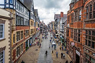 Aerial view of Eastgate Street and medieval timber framed buildings in Chester
