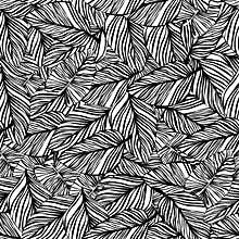 Seamless repeating pattern with silhouettes of palm tree leaves in black on white background.