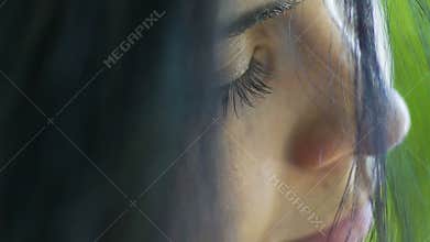 Gentle soft woman face closeup, female with closed eyes meditation peace of mind