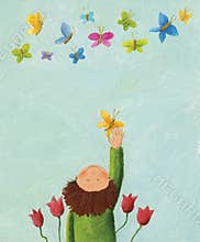 Boy and colorful butterflies