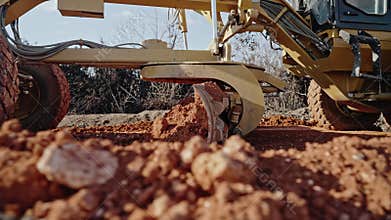 Tracking shot of yellow road grader smoothing gravel surface for highway road. Scraper leveling ground, working at