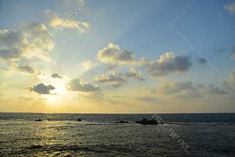 Sea ocean landscape - water waves, sun, clouds sky