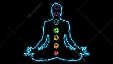 Meditating human in lotus pose. Yoga illustration. Glowing Positive aura healing energy Healing Chakras