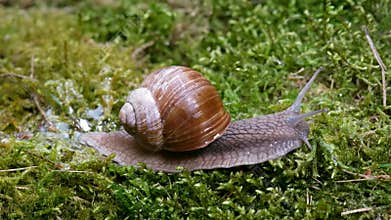Snail crawls on green moss on a sunny spring day