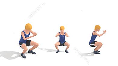 Squats Woman exercise animation 3d model on a white background in the Blue t-shirt. Low Poly Style