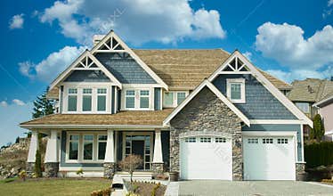 Blue Home House Maison New Cedar Roof Exterior Cumulus Sky Background