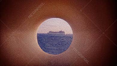 Illustration of a vintage ship in the porthole, a boat in the sea picture colorful. Watercolor picture with a ship