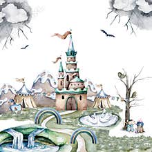 Castle with a high tower and flag. Around the castle forest and mountains. Hand drawn watercolor fairy illustration