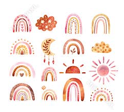 Watercolor boho clipart for nursery decoration with cute rainbows and moon, sun, cloud. Doodle hand drawn illustration.