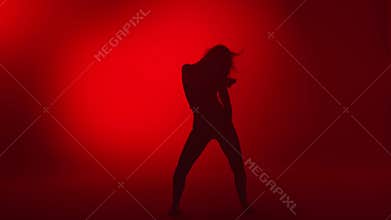 Sexy woman silhouette performing professional choreography. Wide shot on RED camera