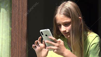 Child Playing on Smartphone Window, Kid Browsing Internet on, Bored Girl Using Smart Phone, Isolated Teenager Talking with Family