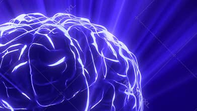 Flying around human brain hologram, light rays - thinking process, artificial intelligence concept