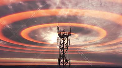 Wireless telecom radiation and aerial view silhouette of telecommunication tower