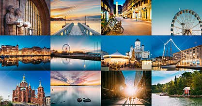 Travel Photos Set Bunch Pack Helsinki, Finland. Famous Popular Places And Landmarks Destination Scenics. Suomi