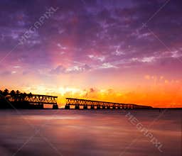Sunset over bridge in Florida keys, Bahia Honda st