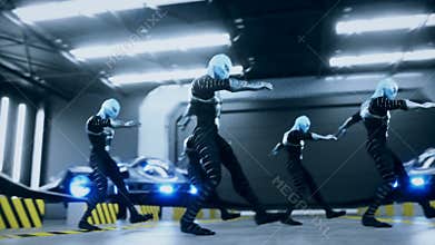 Funny military aliens dance in military space base. Realistic 4k animation.