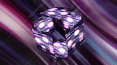 An extravagant cube artifact, mysterious Pandora's box. Motion. 3D opening glowing digital box on striped shimmering