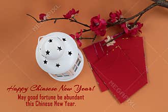 Happy Chinese New Year card with positive text quote - May good fortune be abundant this Chinese New Year.