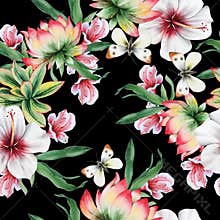 Bright seamless pattern with  flowers. Hibiscus. Lotus. Butterfly. Watercolor illustration. Hand drawn