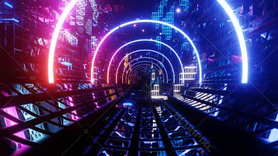 80's neon light style flight. Hi-tech neon sci-fi tunel. Trendy neon glow lines form pattern and construction in