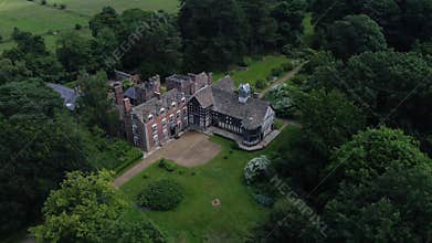 Aerial orbit clip of Rufford Old Hall English countryside Manor House