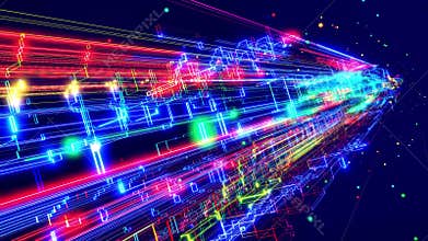 Motion graphic, data flow. Hi tech stream of datum, motion design vj loop. Wireframes of network blocks with neon light