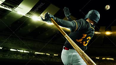 Poster with professional baseball player with baseball bat in action during match in crowed sport stadium at evening
