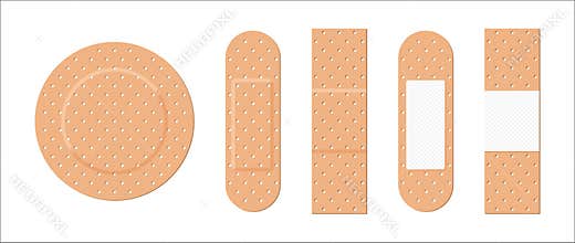 Medical plaster. Adhesive bandage for aid of wound. Icons of breathable bandaids. Bands isolated on white background. Medicine