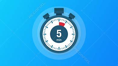 The 5 minutes, stopwatch icon. Stopwatch icon in flat style, timer on on color background. Motion graphics.