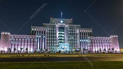 The Ministry of Interior in Doha night timelapse. Doha, Qatar, Middle East