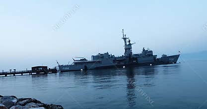 Turkish frigate called TCG Ege F-256 and an attack submarine called S-343 parked from Aegean navy in Izmir coast Inciralt