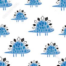 Watercolor hand-drawn colored seamless repeating children pattern with cute dinosaurs in Scandinavian style on a white
