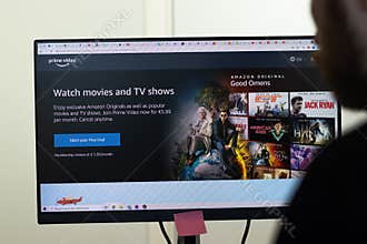 New York, USA - 26 April 2021: Amazon Prime Video website page on screen, man using service, Illustrative Editorial