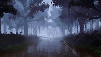 River in mysterious forest at dark misty night 3D