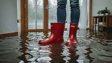 Woman wearing rain boots standing in flooded house