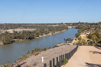 The Murray River, the longest in Australia, flowing through semi arid landscape.