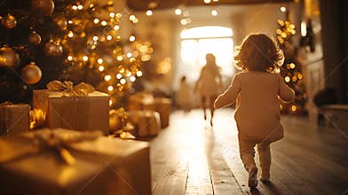 Children Running Towards Christmas Tree with Presents