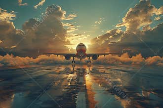 An airplane taking off against a clear sky with clouds or wings in flight symbolizing ascendancy