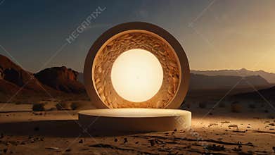 Empty podium illuminating desert landscape at sunset