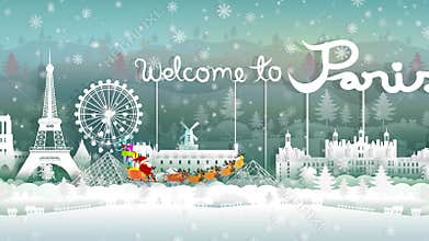 Santa claus and Reindeers with snow sled and Festive boxes of Christmas.